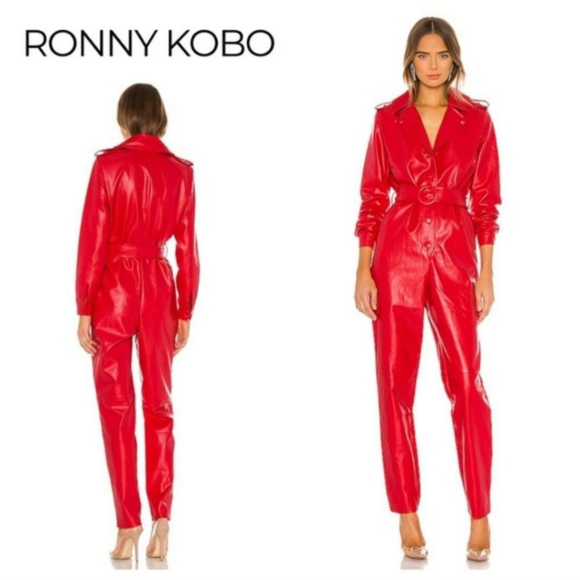 Ronny Kobo Alie Faux Leather Jumpsuit in Red Sz S